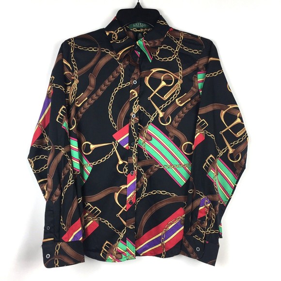 Ralph Lauren Womens M Petite Black Horse Bit All Over Print Button Up Shirt NWT - Picture 1 of 6